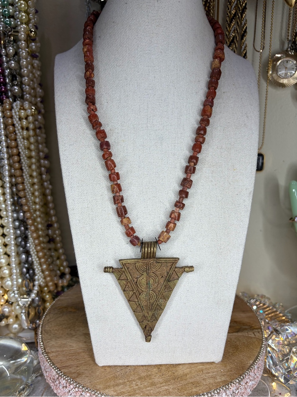 Vintage Orena Paris Tribal Necklace Stone Jewelry Brass Geometric Pendant